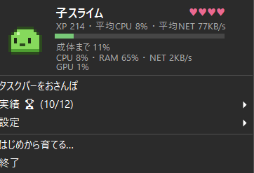 トレイメニューのステータスパネル。XP、なつき度のハート、進化ゲージ、CPU/RAM/GPU/NETの実況が並ぶ